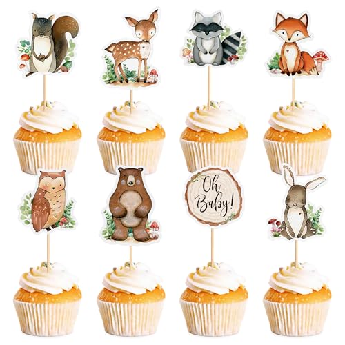 Ercadio 32 Pcs Woodland Party Cupcake toppers Picks Oh Baby Party Decorations Woodland Animals Cake Woodland Theme Baby Boy Girl Birthday Favors Woodland Party Supplies