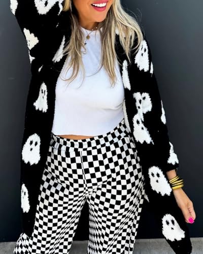 Women's Halloween Ghost Pattern Cardigan Long Sleeve Open Front Fuzzy Fluffy Outwear Coats3