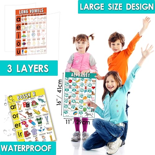 DFZUS 16 English Phonics Posters, Language Arts Charts for Kids, Toddler Learning Vowels, Digraphs and Blends, Sound Wall, Classroom Decorations
