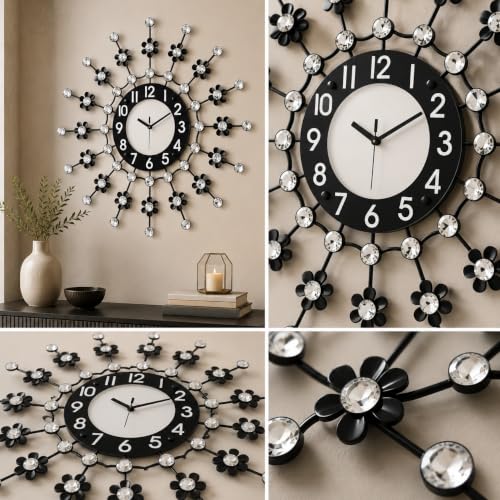Image of CHRONIKLE Modern Metal Diamond Studded Floral Style Round Analog Wall Clock for Living Room Home Decorations Office Gifts (Size: 58 x 5 x 58 CM | Weight: 1030 Gram | Color: Black)