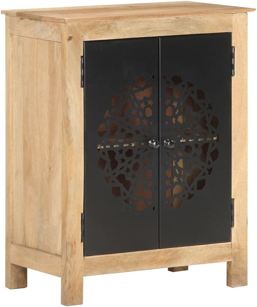 Solid Mango Wood Sideboard with Black Doors, Rustic Storage Cabinet for Living Room Hallway Bedroom, Natural Wood Grain Texture, Durable Powder Coating Finish, Ample Shelves