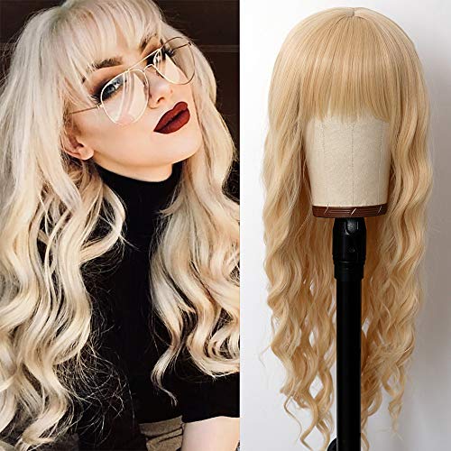 DOOLDOOL Hair Long Wavy Wig With Air Bangs Synthetic Heat Resistant Wigs for Women Natural Looking Blonde Curly Hair Machine Made Wigs (24Inch, Wave Wig)