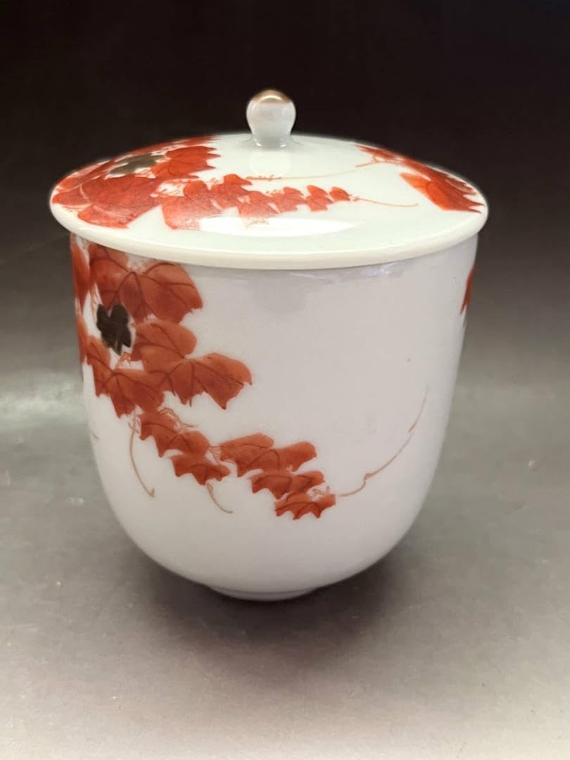 湯飲み 古九谷 赤絵 楓 江戸後期明治期 蓋付き湯呑 蔦 時代物 骨董品