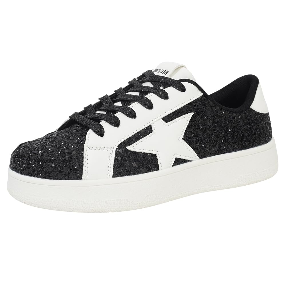 NiluberWomen's Fashion Star Sneaker Low Top Comfortable Cushioned Walking Shoes Lace Up Glitter Platform Party Shoes