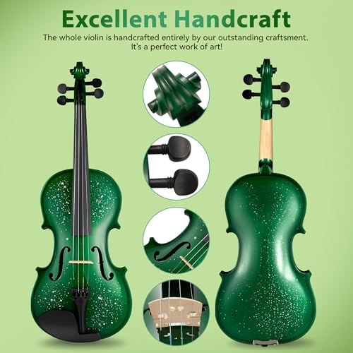Image of Poseidon Violin for Beginner, Full Size Violin Set for Kids Student with Hard Case, Extra 4 /4 Strings Set, Violin Bow, Horse Bridges, Rosin, Shoulder Rest, Clip-on Tuner, Manual - Green Glossy