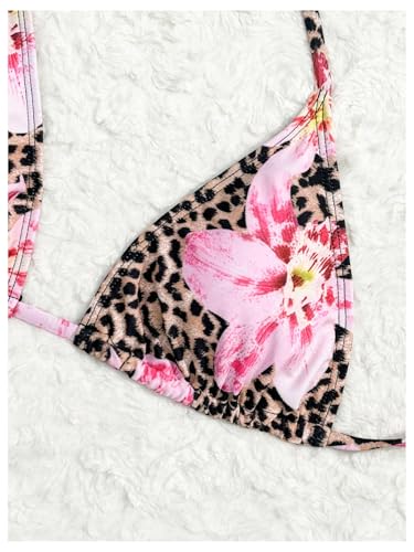 MakeMeChic Women's 4 Piece Bikini Set Floral Leopard Print Halter Triangle Swimwear with Cover Up Skirt4