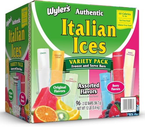 Wyler's Authentic Italian Ice, Fat Free Freezer Bars Original Flavors 2oz bars, 96 count (Pack of 5)