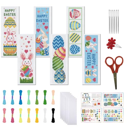 Image of FREEBLOSS 6 Set Easter Cross Stitch Bookmark Kits Easter Eggs Pattern Stamped Cross Stitch Kit with Clear Instructions DIY Bookmarks Cross Stitch Kits Embroidery Bookmarks Kit for Adults Beginners