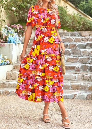 Image of KIRUNDO Summer Dresses for Women 2026 Spring Casual Flutter Short Sleeve Wedding Guest Smocked Flowy Tiered Aline Midi Dress