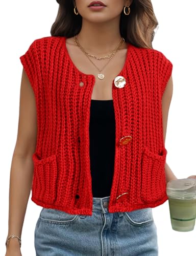 Image of Womens Cropped Sweater Vest Sleeveless Chunky Kint Cardigan Top Casual Warm Button Down Crop Tops with Pockets
