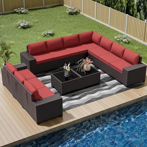 Image of 12 PCS Outdoor Patio Furniture Set,Outdoor Sectional Furniture All Weather PE Rattan Wicker Patio Conversation Set with 2 Coffee Tables and 10 Thickened Cushions,Red