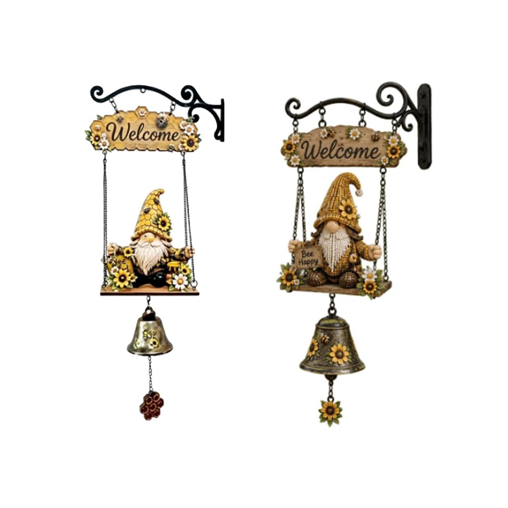 2Pcs Rustic Gnome Welcome Bell, Handmade Farmhouse Doorbell Decor for Porch