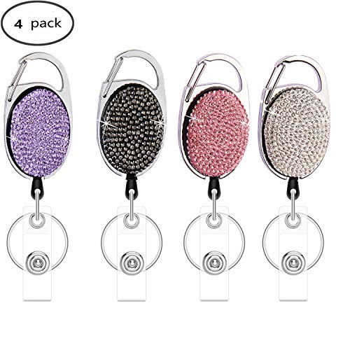 Retractable Badge Holders With Bling Rhinestones Crystal, Badge Reel With Belt Clip And Key Ring, 24 Inches Thick Kevlar Pull Cord. (4Pcs- Silver, Black, Pink And Purple) #TOP7