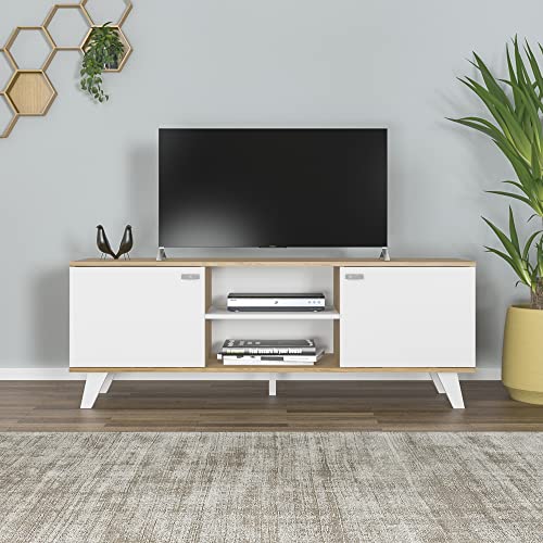 MOMMA-HOME-Mueble-TV-Salon-Mesa-de-television-2-Puertas-y-Baldas-centrales-Acabado-en-Roble-y-Blanco-Patas-de-Madera-Modelo-QUIATUR-140-cm-Largo-x-51-cm-Alto-x-40-cm-Fondo