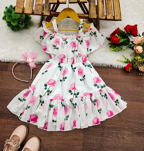 Image of Buy & Try Girls Summer Lightweight Georgette Floral Printed Frock Dress, Sleeveless Princess for Baby Girls, Stylish Fancy Kids Party & Casual Outfit