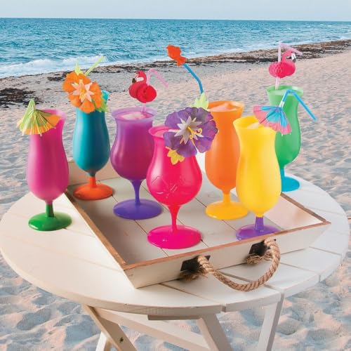 Fun Express 12 Pieces Plastic Tropical Hurricane Glasses, Holds 16 oz, BPA Free Plastic, Beach Party Supplies, Multi-Color