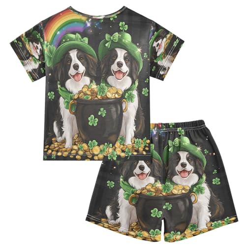 ALAZA Rainbow Dog Shamrock Coin Clover Leaf Patrick's Day Pajamas Set Short Sleeve Cotton Sleepwear Summer Pjs 2 Piece 5-14Y2