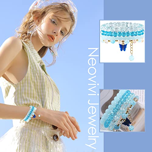 20Pcs Beaded Crystal Bracelets for Women, Aesthetic Cute Boho Chakra Bead Stackable Bracelet Butterfly Charm Pink Green Blue White Purple Glass Stones Gold Beads Jewelry Set Pack Bulk3