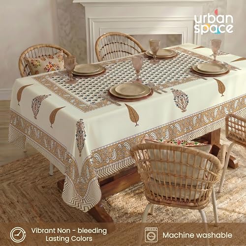 Image of Urban Space 100% Cotton Dining Table Cover 4 Seater, Jaipuri Handblock Cotton Table Cloth for Center Table, Dining Room Table Cover (Size 48 inch x 72 inch - 4 Seater, Heer)