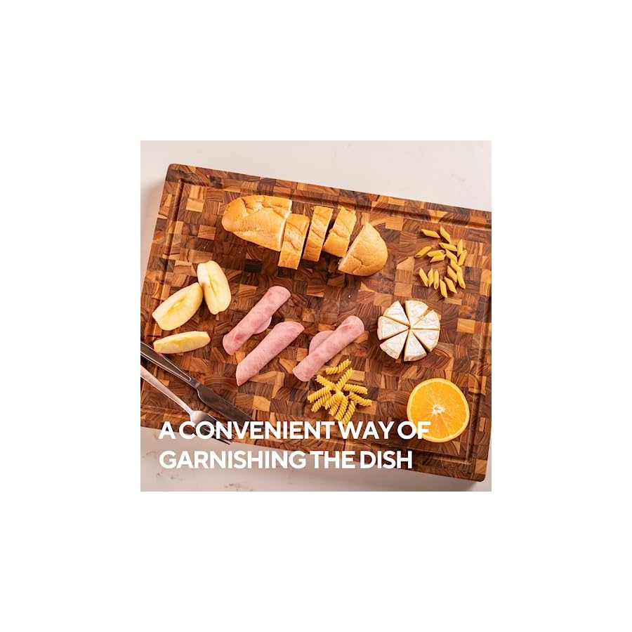 KAIYO Teak Wood Cutting Board in size 1,5 x 15 x 20 inches, Unique Beauty, Large Wood Cutting Board with Deep Juice Groove, Charcuterie Cheese Board