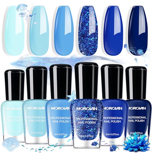 Morovan Blue Nail Polish Set: Glitter Light Royal Navy Blue Nail Polish Pack Shimmer Quick Air Dry Baby Sky Icy Klein Cobalt Mini Toe Bulk DIY Art Salon Summer Gift for Women