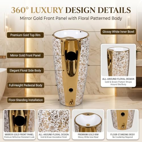 Image of InArt Freestanding Pedestal Wash Basin for Bathroom, Luxury Floor Standing Ceramic Basin with Gold Rim and Floral Pattern, 15 x 15 Inch Bowl, 34 Inch Height, White & Gold
