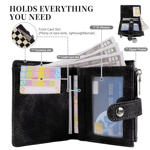 Women's RFID Blocking PU Leather Bifold Wallet-Compact Design with 8 Card Slots,ID Window,Snap Button Closure|Stylish Checkered Pattern,Multiple Colors|Secure&Functional for Daily Use(Checkered black)2