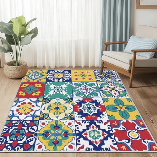 Tapis Boho Patchwork Floral 120x120cm antidérapant et lavable - 4
