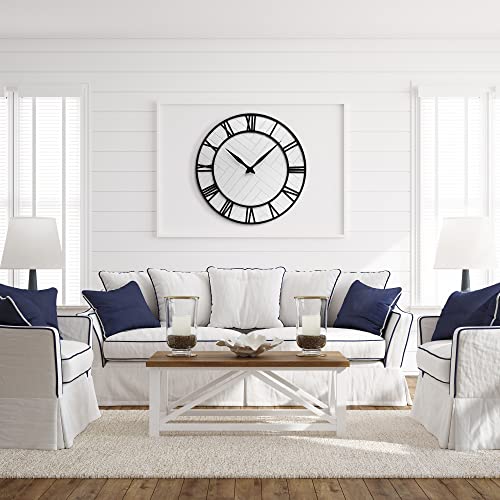 Sixty Times - - Hamptons Wall Clock 24 Inch - - Silent - - Metal & Wood - - Rustic White & Black #TOP5