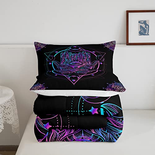Manfei Bohemian Comforter Set Queen Size Psychedelic Hamsa Hand Quilt Set Boho Mandala Bedding Comforters 3Pcs For Kids Boys Girls Room Decor, Exotic Moon Star Print Duvet Insert With 2 Pillowcases #TOP4