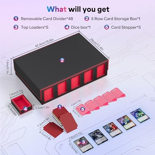Image of UAONO Trading Card Storage Box with Commander Display;3900+ Card Box for MTG, Removable Cover; 5 Row Case fits MTG TCG Sports Cards 48 Dividers,5 Stoppers,5 Top Loaders,1 Dice Box(Black, Red)