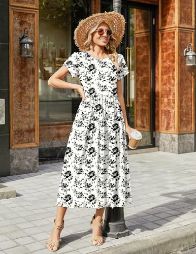 Image of Zeagoo Summer Dresses for Women 2026 Maxi Bohemian Floral Short Sleeve Long Dress Casual Flowy Tired Beach Sundress
