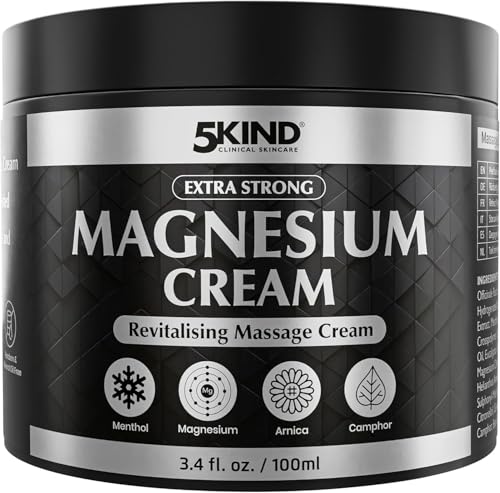 5Kind Extra Strong Magnesium Cream 100ml - Magnesium Cream for Muscles Joints Lower Back Knee Neck Shoulder Hip & Feet - Infused with Arnica Eucalyptus Comfrey Menthol & Hemp Oil