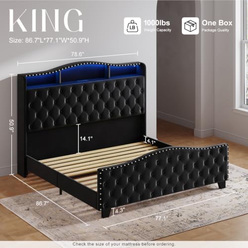 Uteeran Upholstered King Size Bed Frame with LED Lights & Charger, Black - image 2