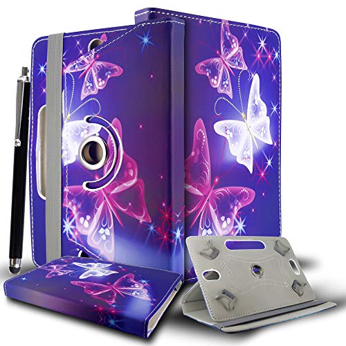Mobile Stuff Universal 360° Rotational Colourful Various PU Leather Stand Case Cover Fits All 7" Inch Android Tablets tab devices + Free Stylus Pen (Universal 7'' butterfly blue)