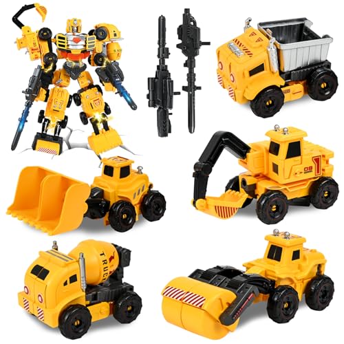 Ulikey 5 in 1 Veicolo Ingegneristico Robot Trasformatore Giocattolo, Giocattolo per Auto Assemblato di Ingegneria, Trasformabile Veicoli da Cantiere Regalo per Bambini dai 3 Anni in su