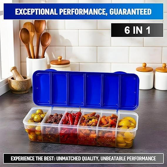Image of 6-in-1 Masala Box with 6 Spoons, Airtight BPA-Free Plastic Masala Container Set, Transparent Spice Box for Kitchen Storage