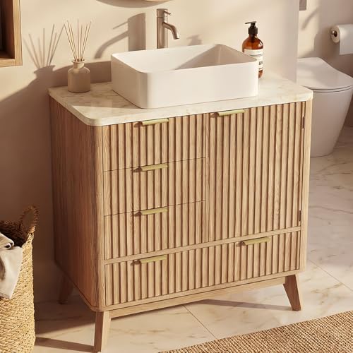Concho 31'' Fluted Bathroom Vanity with Ceramic Sink, Modern Bathroom Sink Storage Cabinet with Engineered Marble Top & 4 Spacious Drawers, Freestanding Bathroom Vanity Cabinet, Natural Oak