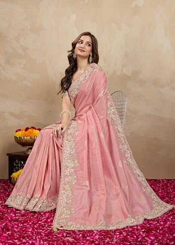 Image of TRENDMALLS Women's Jacquard Silk Embroidery With Sequin Work Saree with Unstitch Blouse Piece For Women