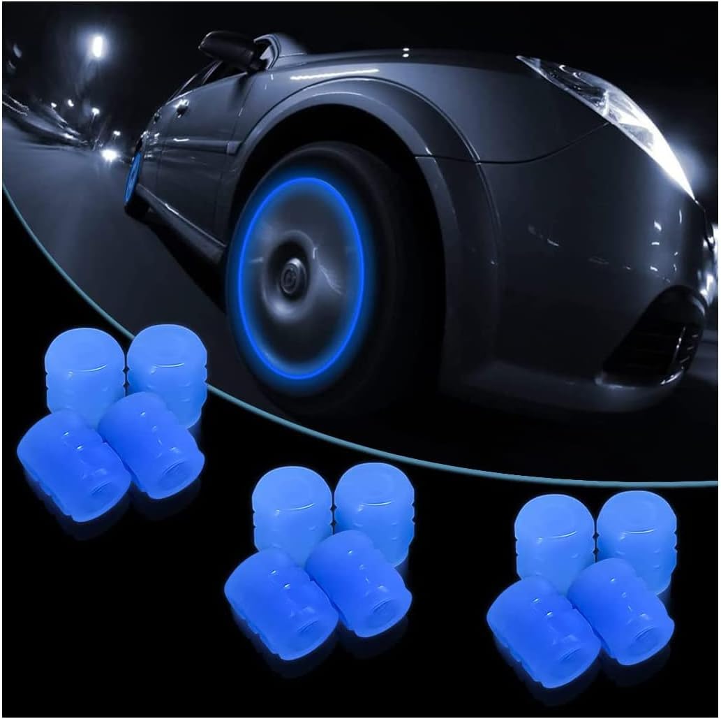 Tire Valve Stem Caps for Car, 12PCS Noctilucous Tire Air Caps Cover, Illuminated Auto Wheel Valve Stem Cap, Car Accessories Universal for Car, Truck, SUV, Motorcycles, Bike (Blue)