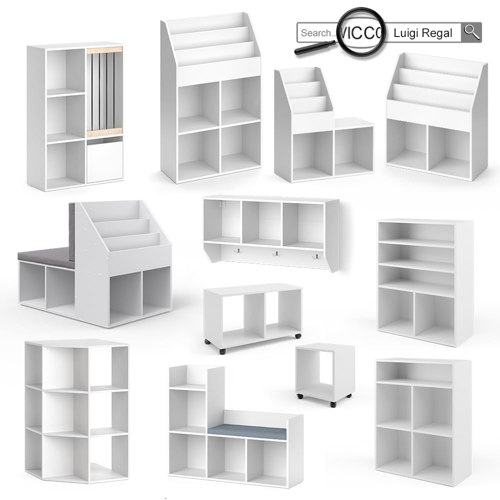 Vicco Estante de Pared para habitación Infantil Luigi, Blanco, 107.2 x 56 cm, para Montaje en Pared con estantes Abiertos y Ganchos