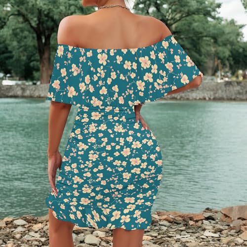 Image of PinkPatty Summer Mini Dress for Women Off Shoulder Ruffled Bodycon Dresses Short Beach Sundress