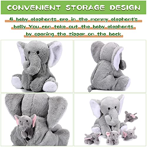 5 Pcs Plush Elephant Stuffed Animals With Babies, Mommy Elephant With 4 Plush Baby Soft Plush Elephants Animals Playset For Party Supplies, Favors, Decorations, Stocking Stuffers(White And Gray) #TOP2
