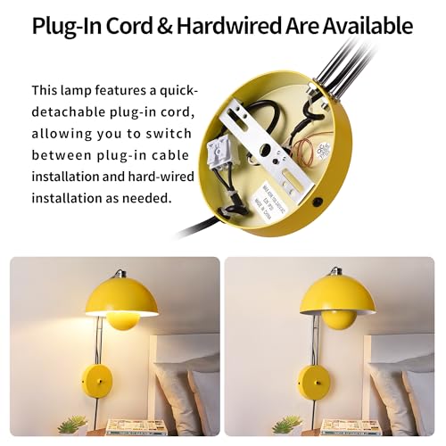 Image of Mid-Century Modern Bud Plug in Wall Sconces for Bedroom, Lemon Yellow | Indirect lighting reading wall lamp, all-metal construction, plug-in or hardwired install, fits bedroom bedside, living room
