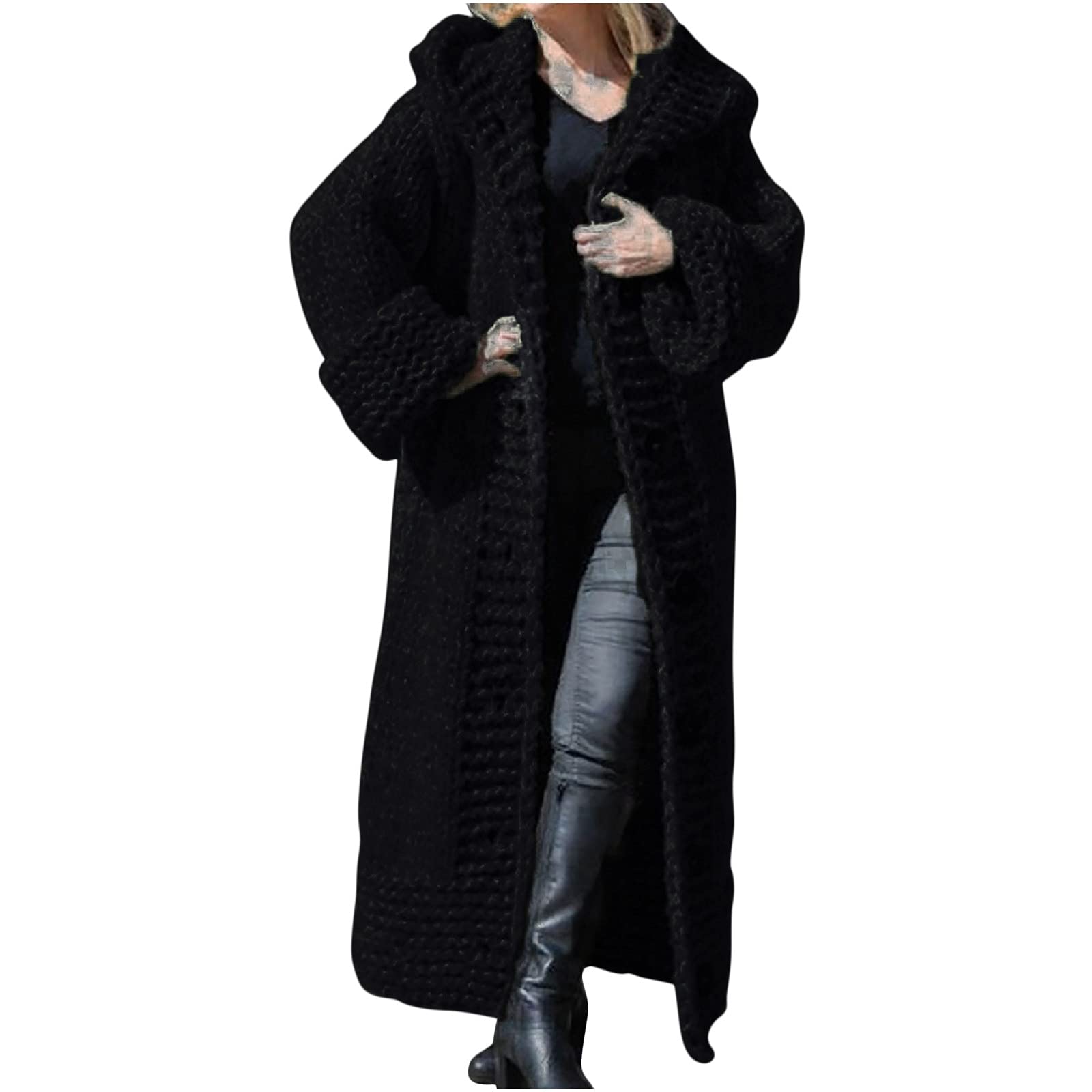 Womens Sweater Overcoats Full Size Solid Color Chunky Knitted Hoodie Long Cardigans Winter Longline Coats Jackets