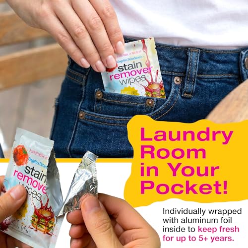 Image of Stain Remover Wipes, 100 Count, Individually Wrapped, Instant Stain Remover | For clothes, fabric & jackets, No-rinse cleaner, Portable for travel, purse & diaper bag, Removes grease, food & more