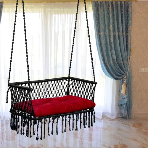 Image of Patiofy Double Seater Swing Chair Arm Rest /Hanging Hammock For 2 People /Jhula Adults /2 Balcony /200Kg Weight Holding Capacity /Hanging Kit & Cushion Included-Black - Polyester