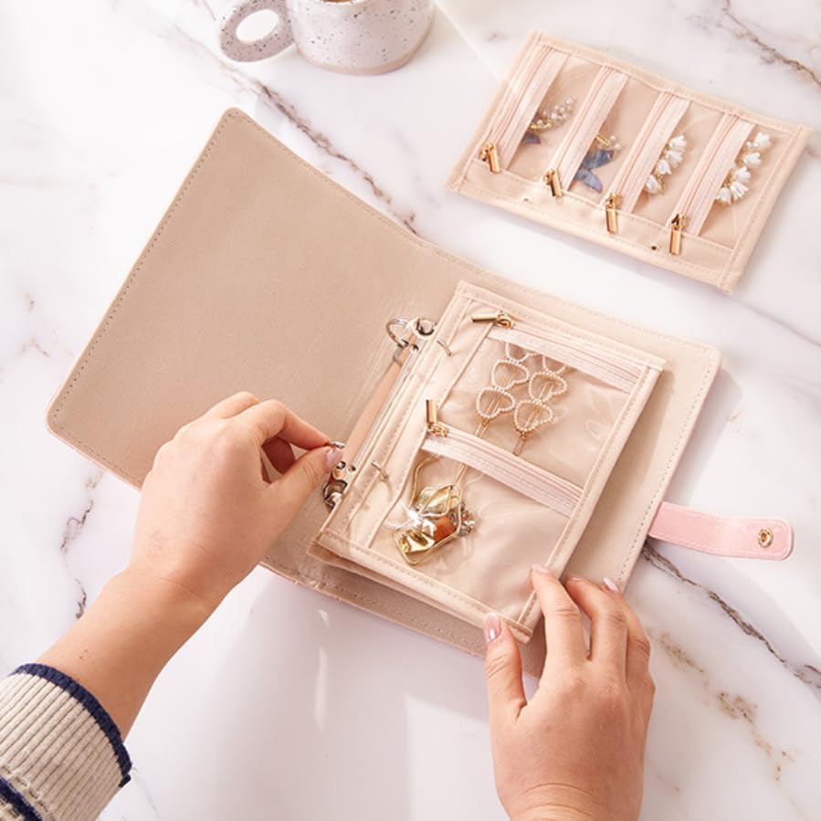 Image of travel Jewelry Organizer Book, Portable Jewelry Case with Removable Pages, Soft Velvet Lining, Large Capacity Jewelry Pouch Bag for Earrings, Rings, Necklaces, Gift for Women (Pink)