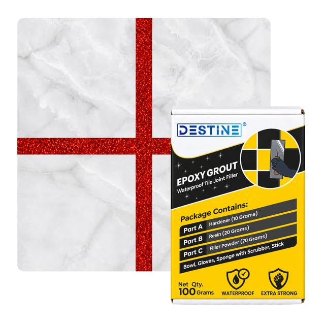 Image of DESTINE Epoxy Grout for Tiles (110 Colours)(100 g), Waterproof Joint Filler, Crack Filler, Tiles Gap Filler, Stain Free, Acid & Chemical Resistance Epoxy Grout (Luxury [Red Glitter])