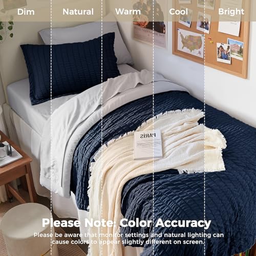 Image of HYMOKEGE Navy Blue /Light Grey Twin Comforter Set Seersucker 5 Pieces, All Season Luxury Bed in a Bag for Bedroom, Bedding Set with Comforter, Sheets, Pillowcase & Sham